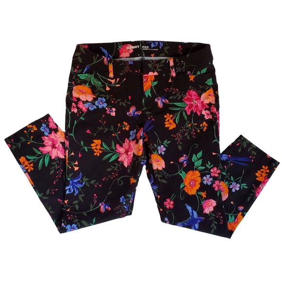 Old Navy Black Floral Pants Mid Rise Women's 10 Reg Pockets Belt Loops - Picture 3 of 10